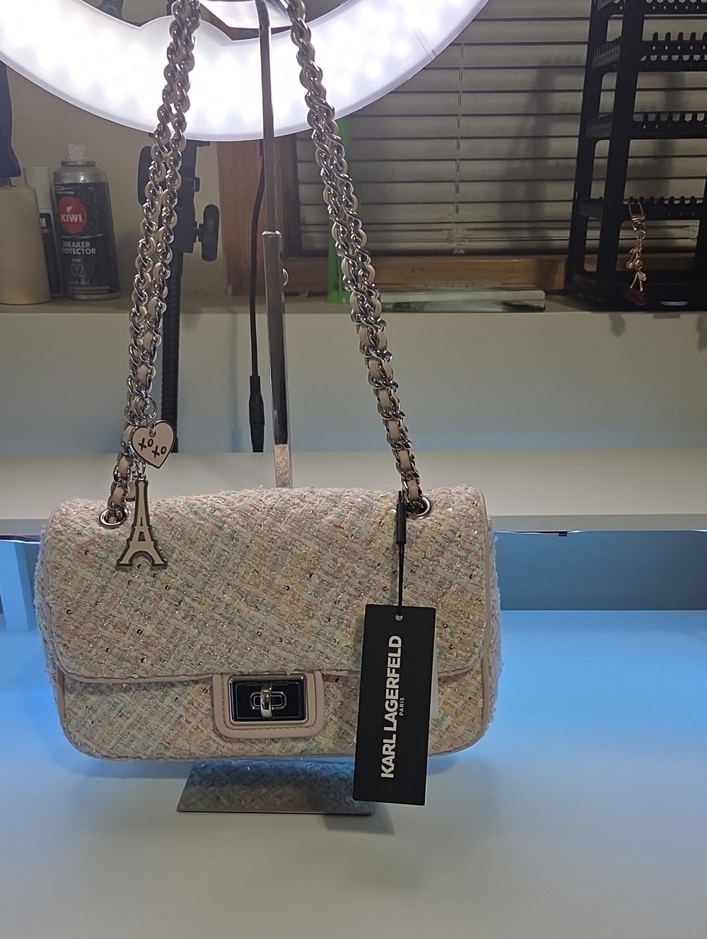 Karl Lagerfeld Pastel Tweed Chain Shoulder Bag - Pink Cream Multicolor